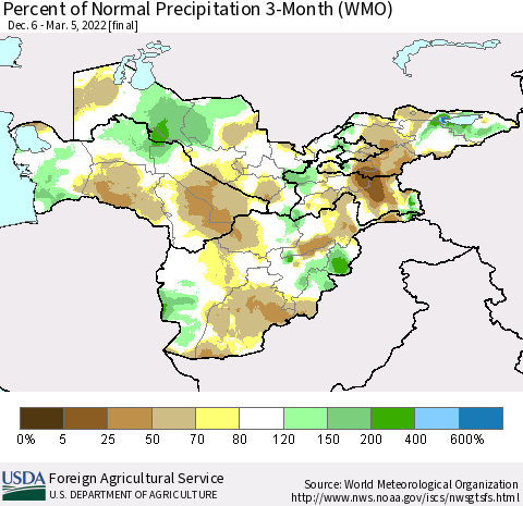 Central Asia Percent of Normal Precipitation 3-Month (WMO) Thematic Map For 12/6/2021 - 3/5/2022