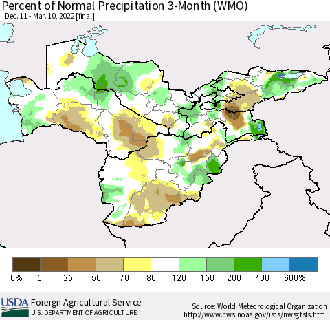 Central Asia Percent of Normal Precipitation 3-Month (WMO) Thematic Map For 12/11/2021 - 3/10/2022