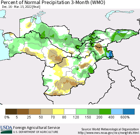 Central Asia Percent of Normal Precipitation 3-Month (WMO) Thematic Map For 12/16/2021 - 3/15/2022