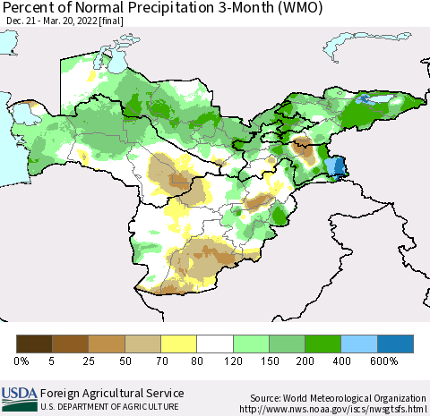 Central Asia Percent of Normal Precipitation 3-Month (WMO) Thematic Map For 12/21/2021 - 3/20/2022