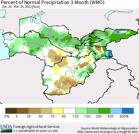 Central Asia Percent of Normal Precipitation 3-Month (WMO) Thematic Map For 12/26/2021 - 3/25/2022