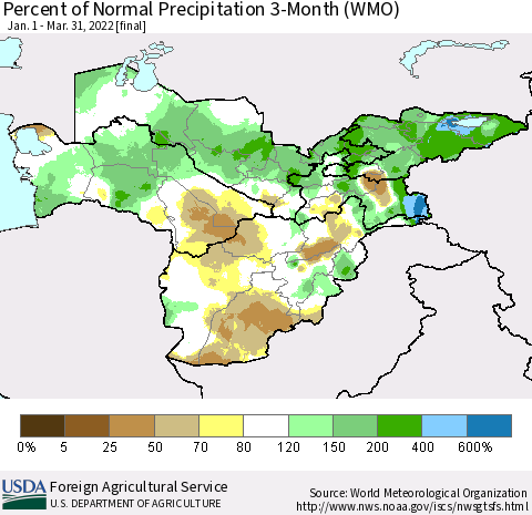 Central Asia Percent of Normal Precipitation 3-Month (WMO) Thematic Map For 1/1/2022 - 3/31/2022