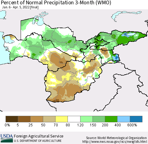 Central Asia Percent of Normal Precipitation 3-Month (WMO) Thematic Map For 1/6/2022 - 4/5/2022