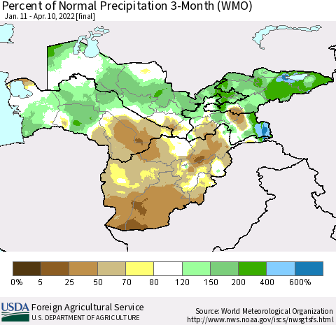Central Asia Percent of Normal Precipitation 3-Month (WMO) Thematic Map For 1/11/2022 - 4/10/2022