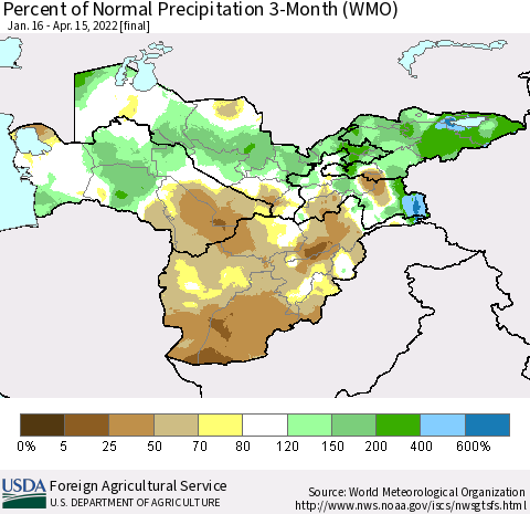Central Asia Percent of Normal Precipitation 3-Month (WMO) Thematic Map For 1/16/2022 - 4/15/2022