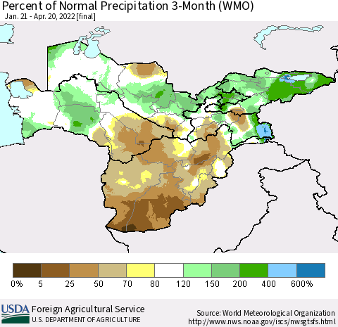 Central Asia Percent of Normal Precipitation 3-Month (WMO) Thematic Map For 1/21/2022 - 4/20/2022