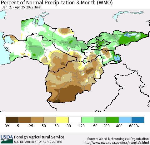 Central Asia Percent of Normal Precipitation 3-Month (WMO) Thematic Map For 1/26/2022 - 4/25/2022
