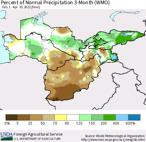 Central Asia Percent of Normal Precipitation 3-Month (WMO) Thematic Map For 2/1/2022 - 4/30/2022
