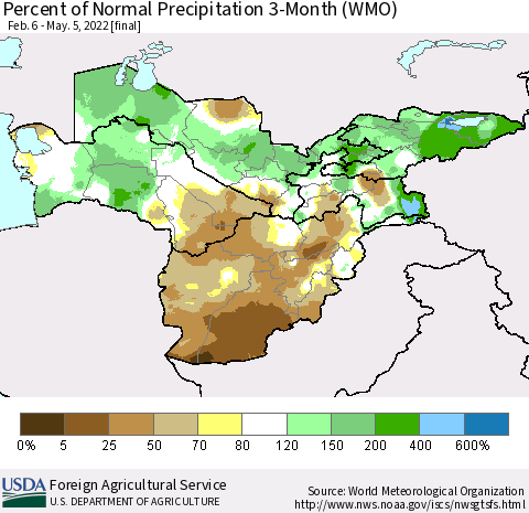 Central Asia Percent of Normal Precipitation 3-Month (WMO) Thematic Map For 2/6/2022 - 5/5/2022