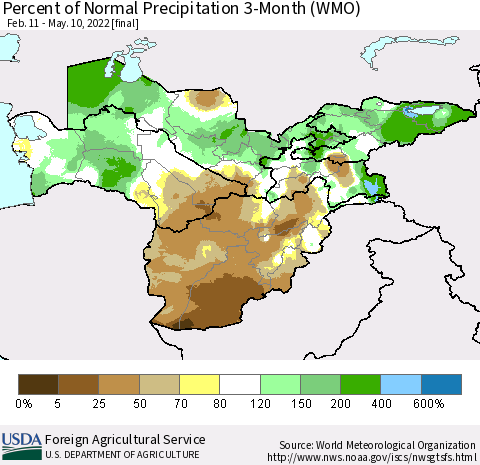 Central Asia Percent of Normal Precipitation 3-Month (WMO) Thematic Map For 2/11/2022 - 5/10/2022