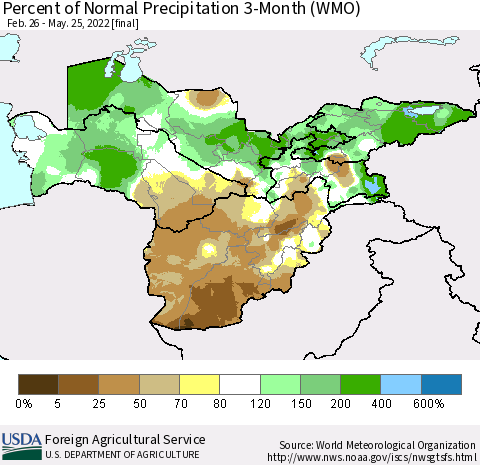 Central Asia Percent of Normal Precipitation 3-Month (WMO) Thematic Map For 2/26/2022 - 5/25/2022