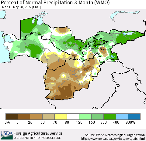 Central Asia Percent of Normal Precipitation 3-Month (WMO) Thematic Map For 3/1/2022 - 5/31/2022