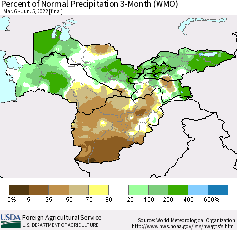 Central Asia Percent of Normal Precipitation 3-Month (WMO) Thematic Map For 3/6/2022 - 6/5/2022