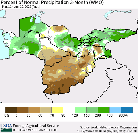 Central Asia Percent of Normal Precipitation 3-Month (WMO) Thematic Map For 3/11/2022 - 6/10/2022