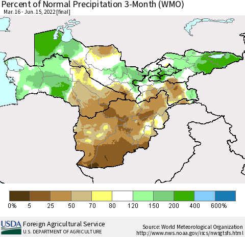 Central Asia Percent of Normal Precipitation 3-Month (WMO) Thematic Map For 3/16/2022 - 6/15/2022