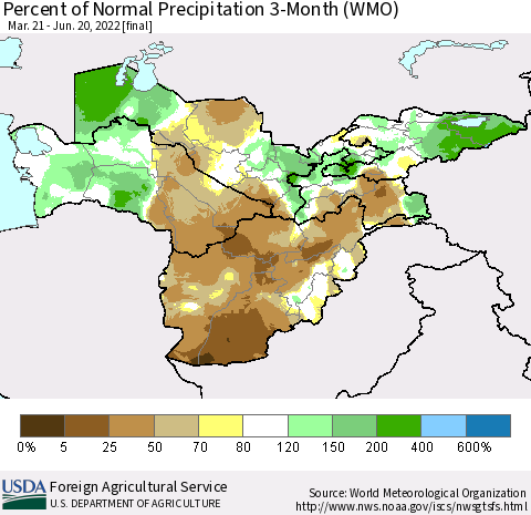 Central Asia Percent of Normal Precipitation 3-Month (WMO) Thematic Map For 3/21/2022 - 6/20/2022