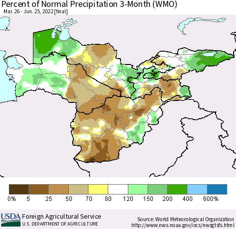 Central Asia Percent of Normal Precipitation 3-Month (WMO) Thematic Map For 3/26/2022 - 6/25/2022