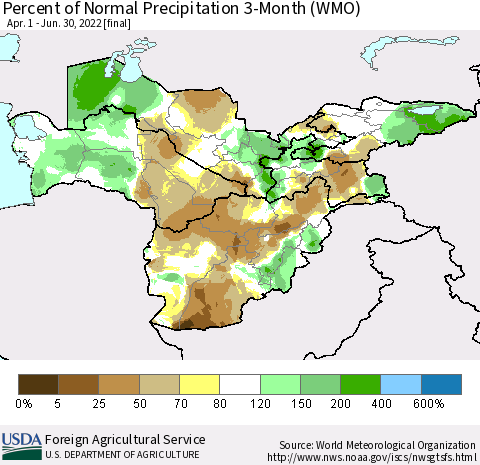 Central Asia Percent of Normal Precipitation 3-Month (WMO) Thematic Map For 4/1/2022 - 6/30/2022