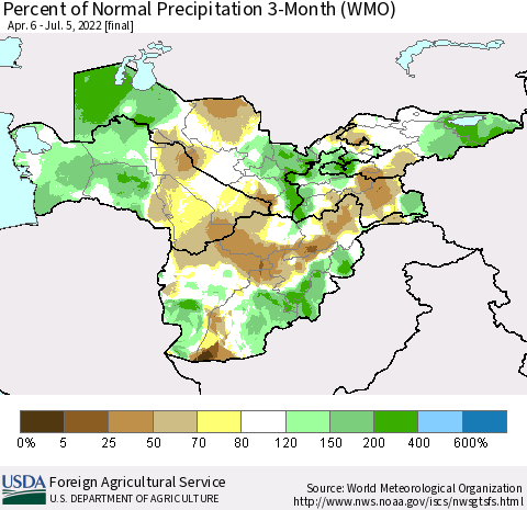 Central Asia Percent of Normal Precipitation 3-Month (WMO) Thematic Map For 4/6/2022 - 7/5/2022