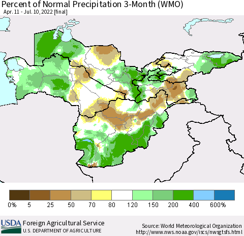 Central Asia Percent of Normal Precipitation 3-Month (WMO) Thematic Map For 4/11/2022 - 7/10/2022