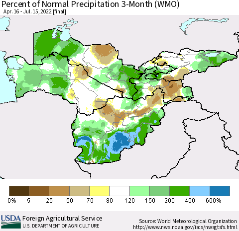 Central Asia Percent of Normal Precipitation 3-Month (WMO) Thematic Map For 4/16/2022 - 7/15/2022