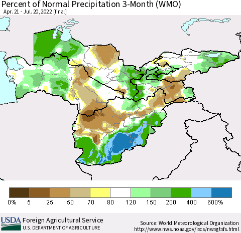 Central Asia Percent of Normal Precipitation 3-Month (WMO) Thematic Map For 4/21/2022 - 7/20/2022