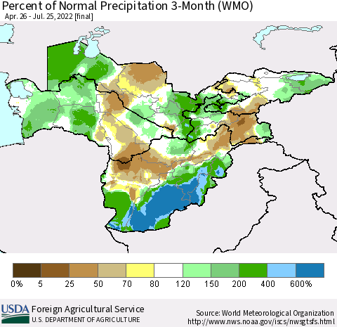 Central Asia Percent of Normal Precipitation 3-Month (WMO) Thematic Map For 4/26/2022 - 7/25/2022