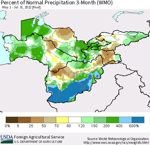 Central Asia Percent of Normal Precipitation 3-Month (WMO) Thematic Map For 5/1/2022 - 7/31/2022
