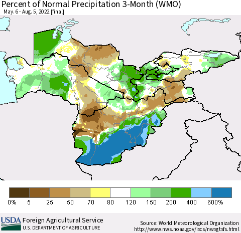 Central Asia Percent of Normal Precipitation 3-Month (WMO) Thematic Map For 5/6/2022 - 8/5/2022