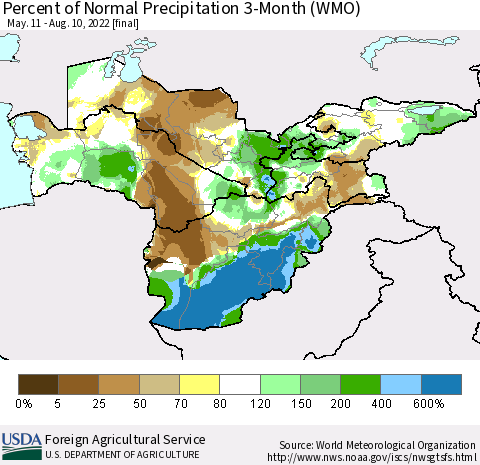 Central Asia Percent of Normal Precipitation 3-Month (WMO) Thematic Map For 5/11/2022 - 8/10/2022