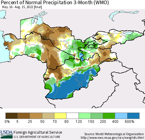 Central Asia Percent of Normal Precipitation 3-Month (WMO) Thematic Map For 5/16/2022 - 8/15/2022