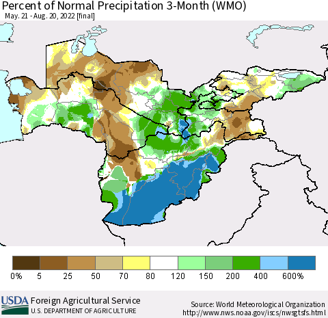 Central Asia Percent of Normal Precipitation 3-Month (WMO) Thematic Map For 5/21/2022 - 8/20/2022
