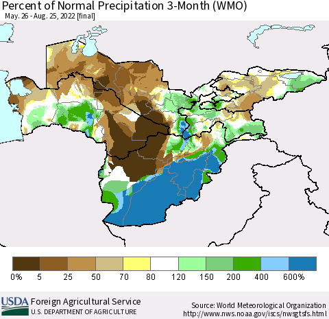 Central Asia Percent of Normal Precipitation 3-Month (WMO) Thematic Map For 5/26/2022 - 8/25/2022