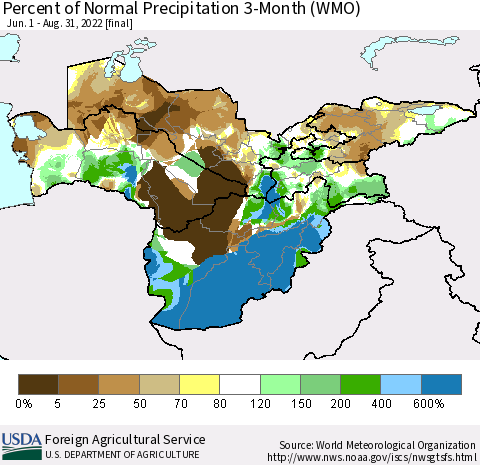 Central Asia Percent of Normal Precipitation 3-Month (WMO) Thematic Map For 6/1/2022 - 8/31/2022
