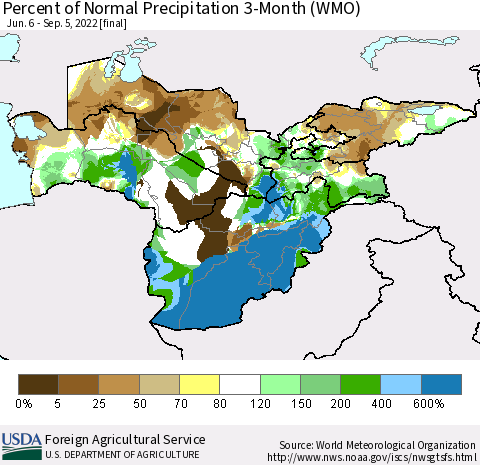 Central Asia Percent of Normal Precipitation 3-Month (WMO) Thematic Map For 6/6/2022 - 9/5/2022