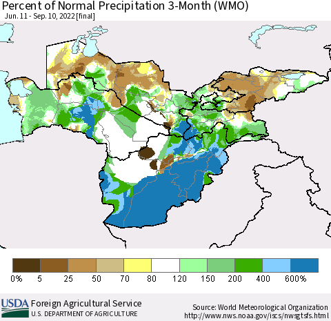 Central Asia Percent of Normal Precipitation 3-Month (WMO) Thematic Map For 6/11/2022 - 9/10/2022