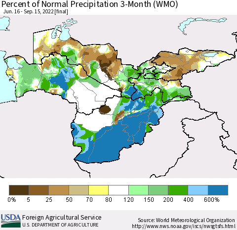 Central Asia Percent of Normal Precipitation 3-Month (WMO) Thematic Map For 6/16/2022 - 9/15/2022