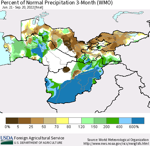 Central Asia Percent of Normal Precipitation 3-Month (WMO) Thematic Map For 6/21/2022 - 9/20/2022