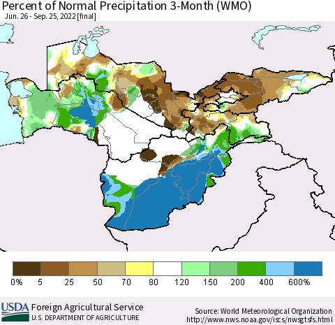 Central Asia Percent of Normal Precipitation 3-Month (WMO) Thematic Map For 6/26/2022 - 9/25/2022