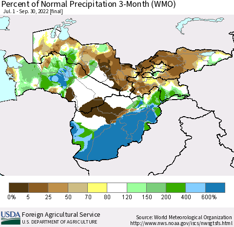 Central Asia Percent of Normal Precipitation 3-Month (WMO) Thematic Map For 7/1/2022 - 9/30/2022