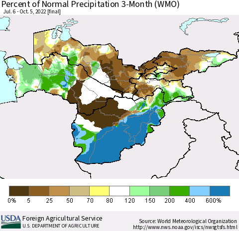 Central Asia Percent of Normal Precipitation 3-Month (WMO) Thematic Map For 7/6/2022 - 10/5/2022