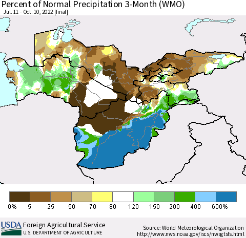 Central Asia Percent of Normal Precipitation 3-Month (WMO) Thematic Map For 7/11/2022 - 10/10/2022