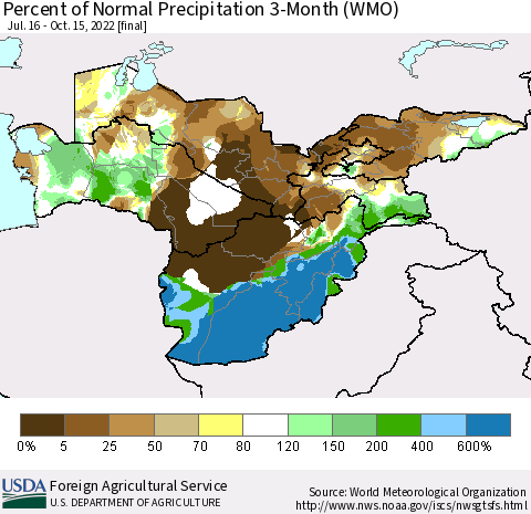 Central Asia Percent of Normal Precipitation 3-Month (WMO) Thematic Map For 7/16/2022 - 10/15/2022