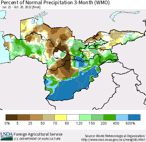 Central Asia Percent of Normal Precipitation 3-Month (WMO) Thematic Map For 7/21/2022 - 10/20/2022