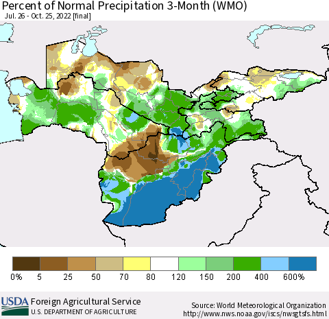 Central Asia Percent of Normal Precipitation 3-Month (WMO) Thematic Map For 7/26/2022 - 10/25/2022