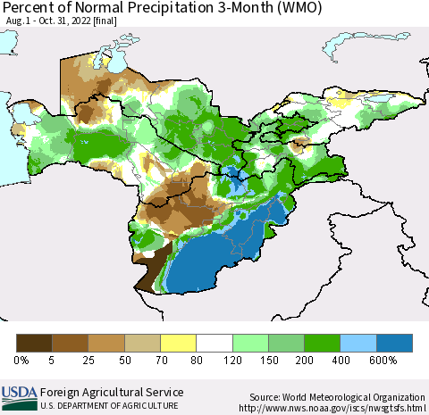 Central Asia Percent of Normal Precipitation 3-Month (WMO) Thematic Map For 8/1/2022 - 10/31/2022