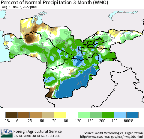 Central Asia Percent of Normal Precipitation 3-Month (WMO) Thematic Map For 8/6/2022 - 11/5/2022