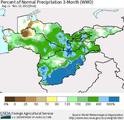 Central Asia Percent of Normal Precipitation 3-Month (WMO) Thematic Map For 8/11/2022 - 11/10/2022