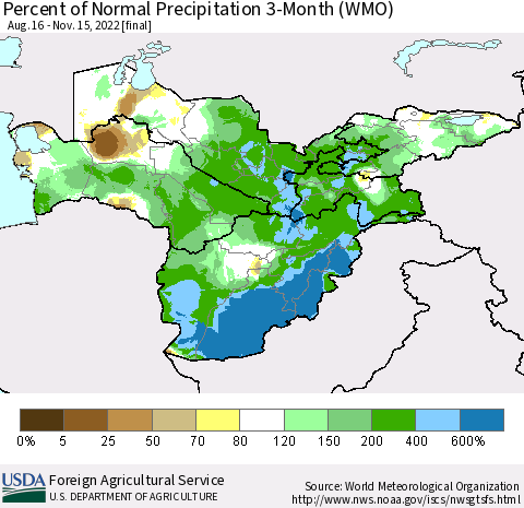 Central Asia Percent of Normal Precipitation 3-Month (WMO) Thematic Map For 8/16/2022 - 11/15/2022