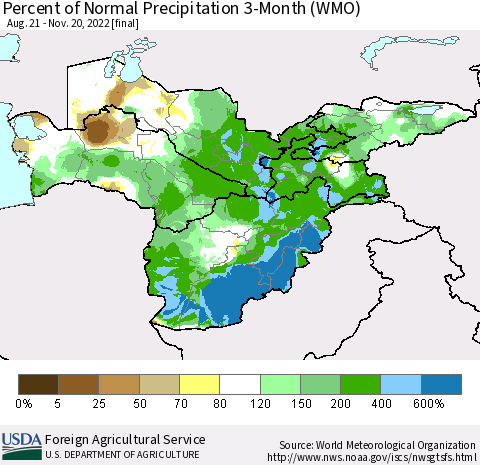 Central Asia Percent of Normal Precipitation 3-Month (WMO) Thematic Map For 8/21/2022 - 11/20/2022